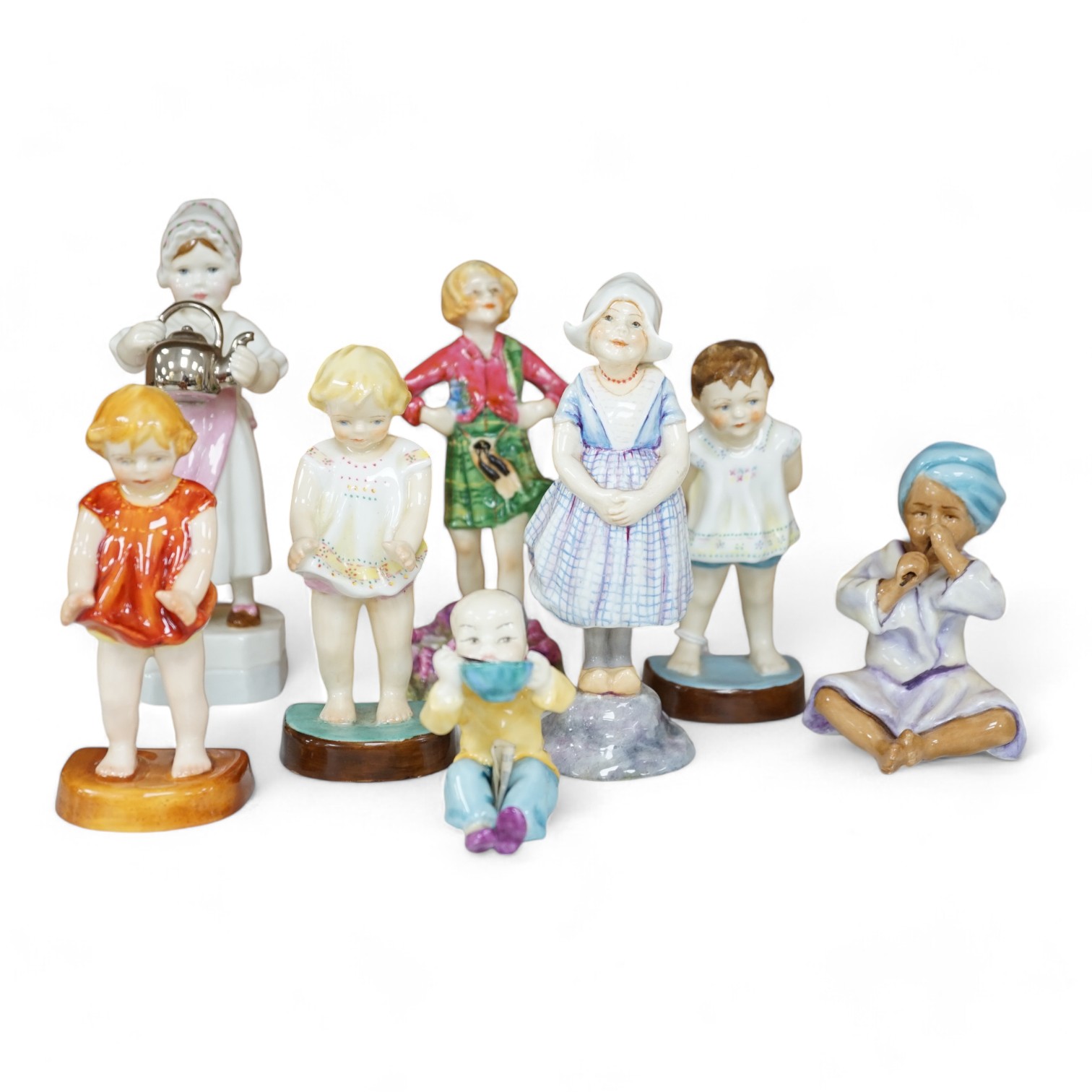 Royal Worcester Doughty figures, Nations included, tallest 'Polly put the kettle on', 15cm high. Condition - fair to good